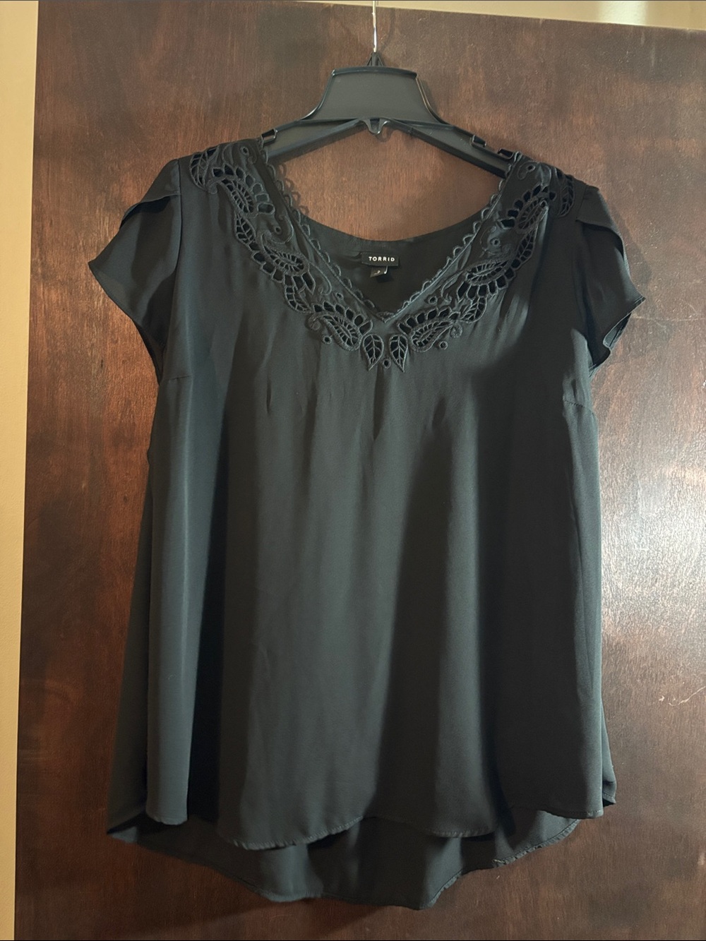 torrid Black V-Neck Crochet Trim Short Sleeve Blouse- size 2